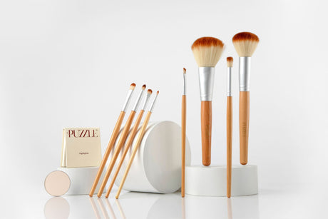 clean vegan makeup brush collection on white background for mature skin | Puzzle Makeup