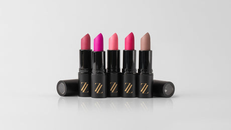 satin lipstick collection in a range of pink and neutral shades on a clean background for real skin | Puzzle Makeup