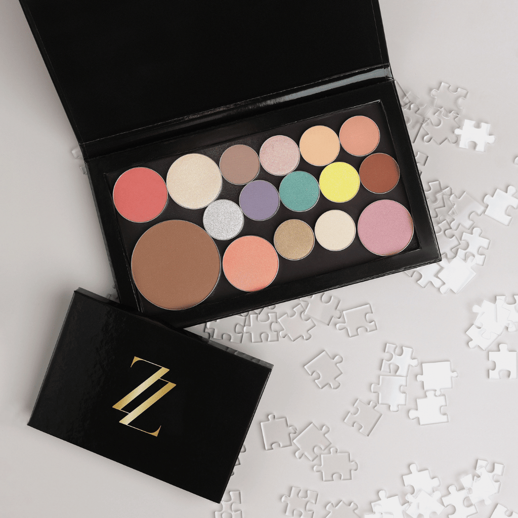 Puzzle Makeup Large Magnetic Palette filled with blushes, powders, and eyeshadows – refillable vegan customizable makeup palette