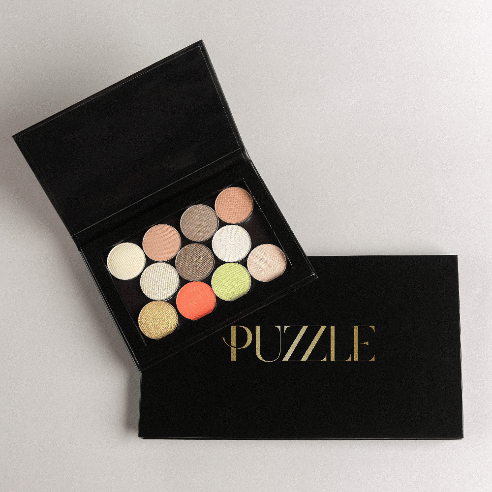 Puzzle Makeup Small Magnetic Palette filled with colorful eyeshadow pans – refillable vegan customizable makeup palette