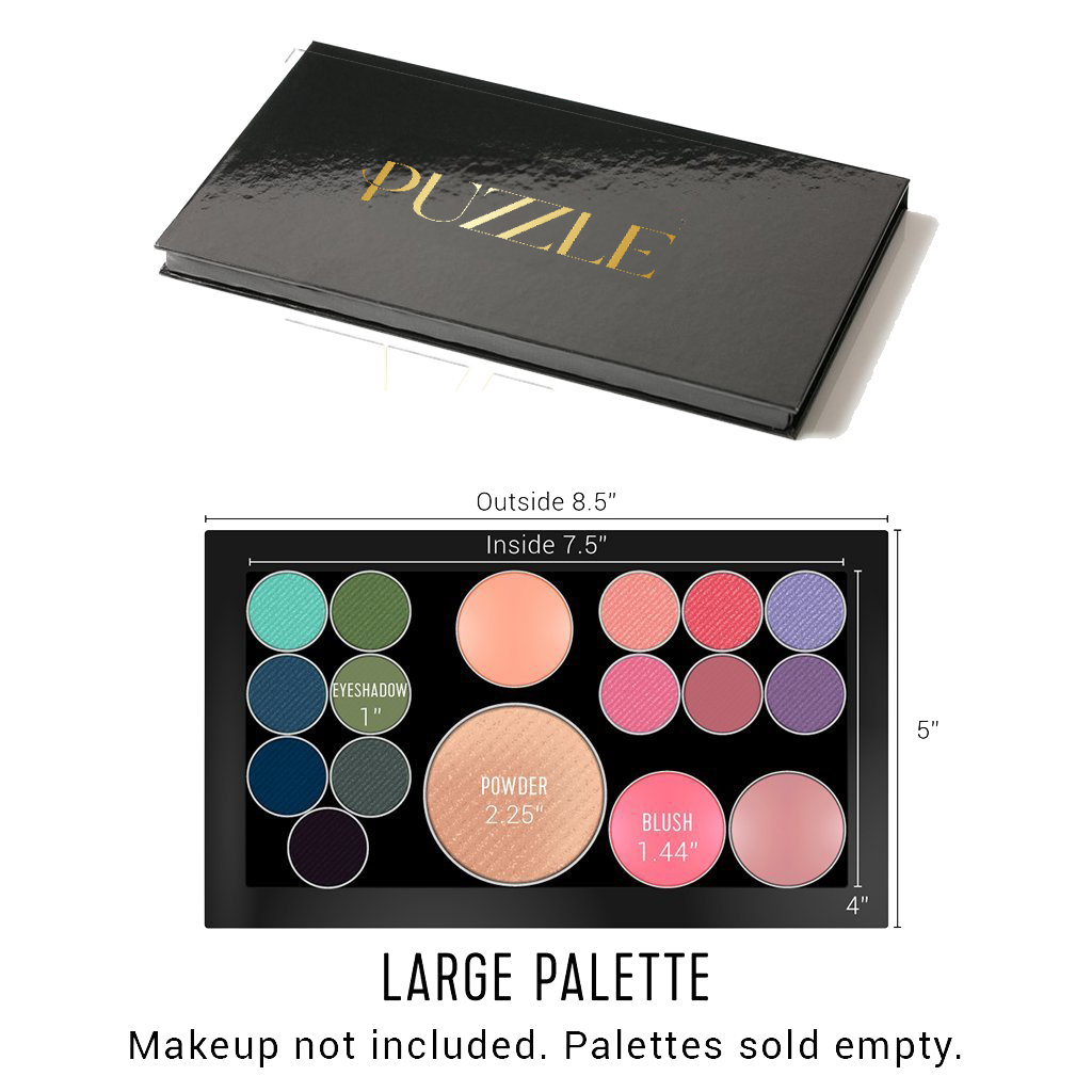Puzzle Makeup Large Magnetic Palette – empty customizable palette with black glossy case and gold logo, fits eyeshadow, blush, and powder pans