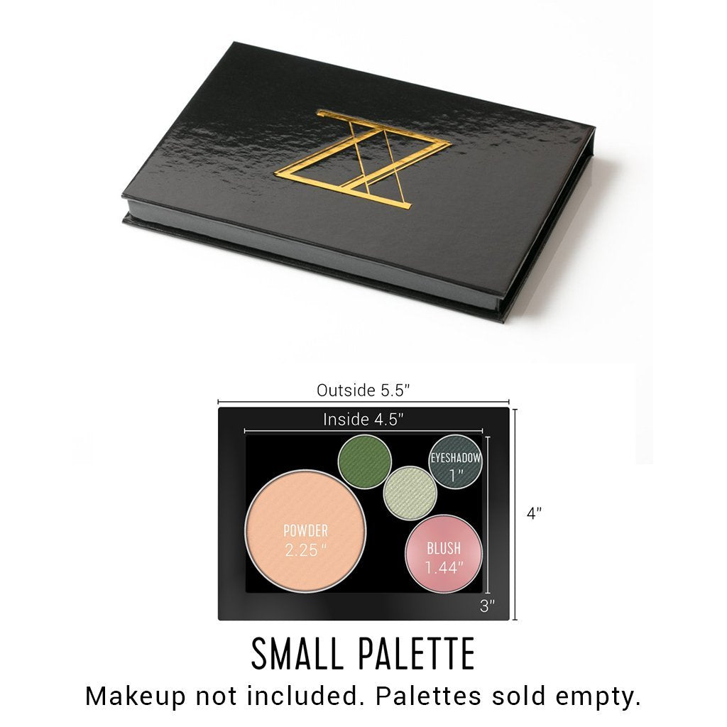 Closed Small Magnetic Palette by Puzzle Makeup with gold logo and size guide diagram – refillable vegan travel makeup organizer